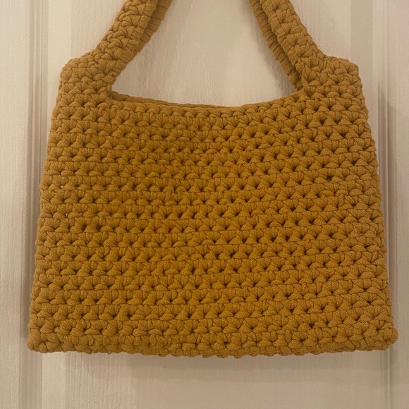 Vintage Handmade Crochet Woven Small Tote Bag Mustard Yellow Boho Trapillo - Picture 2 of 8